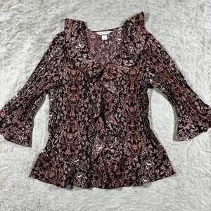 Christopher Banks Ruffle Blouse Top M Brown Dark Floral Y2K Forest Fairy Hippie